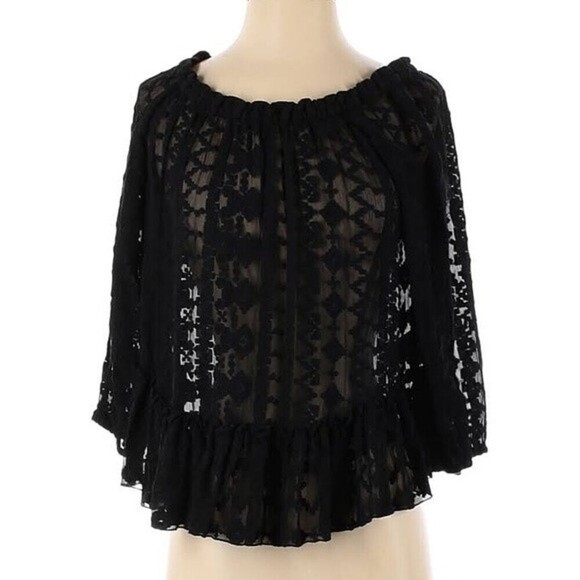 REBECCA TAYLOR Silk Blouse Sz. 0 Off The Shoulder Embroidered Black Whimsigoth - Picture 2 of 12